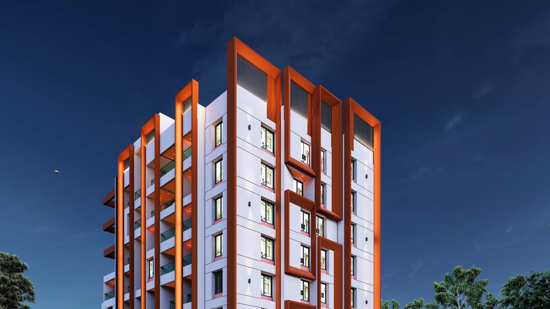 Rui Universal residential elevation at dusk, Kothrud, Pune
